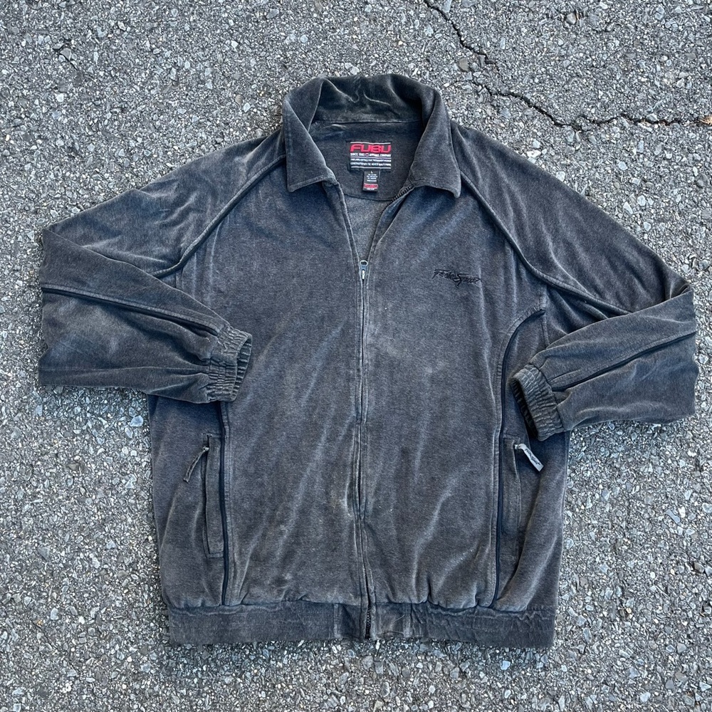 Fubu Collection Track Jacket Men Large Gray Velour Full Zip 90s Y2K Hip Hop Rap